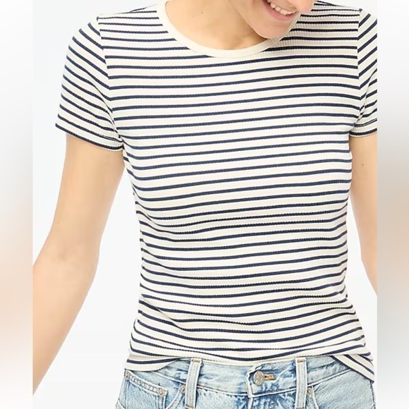 J Crew Factory‎ Striped ribbed crewneck tee Ivory antique navy size M NWT BW857 - Picture 1 of 10
